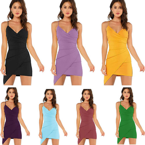 Spring And Summer Amazon Women's Solid Color Sling Irregular Temperament Commuting Slim Short Dress