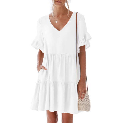 Amazon Women's Summer Chiffon V Neck Tunic Dress Flowy Layered Short Bell Sleeve Mini Beach Tunic Dresses