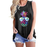 Women Vest Amazon Colorful Pineapple Print Round Neck Sleeveless T-Shirt