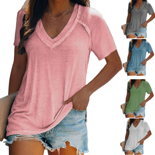 Women's Explosion Amazon Hot Sale Trend V Neck Solid Color Women's T-Shirt Top