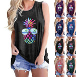Women Vest Amazon Colorful Pineapple Print Round Neck Sleeveless T-Shirt