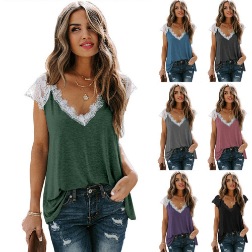 Amazon Short-sleeved T-shirt Women's Summer Outerwear Loose Casual Lace Stitching V-neck Top