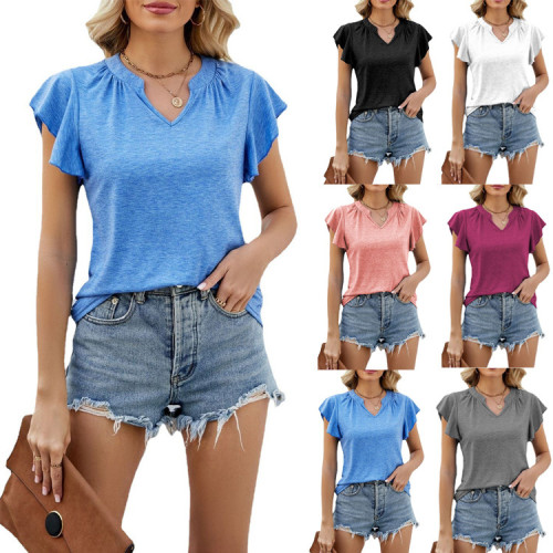 Summer Women's Amazon Ladies T-Shirt V Neck Solid Color Ruffle T-Shirt