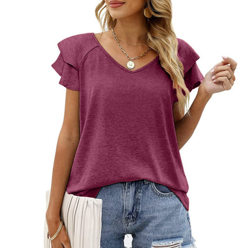 Amazon Women's Tops Amazon V-Neck Double Layer Ruffle Short Sleeve Ladies T-Shirt