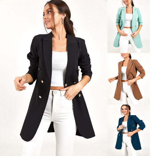 Women's Blazers Professional Ol Solid Color Casual Double-breasted Mid-length Suit Jacket