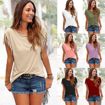 Multi-color Multi-size Amazon Ebay Ladies Plus Size Round Neck Short Sleeve Tassel Knotted T-shirt Top