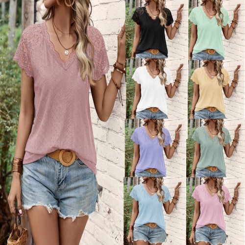 Amazon Women's Summer New V-neck Short Sleeve Stitching Lace Sleeve T Shirt