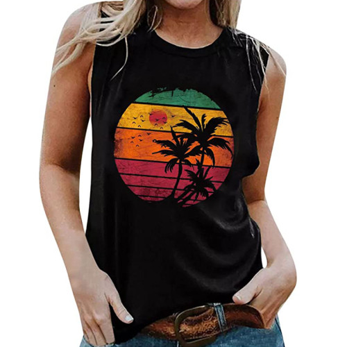 Women's New Tops Summer Beach Coconut Tree Print Round Neck Sleeveless T-Shirt