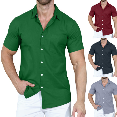 Amazon Summer New Men's Shirt Solid Polo Button Loose Short Sleeve Shirt