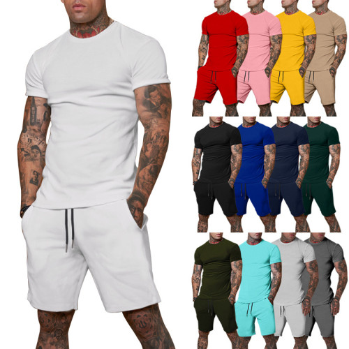 Solid Short Sleeve Shorts Sports Set Summer Stock Men's Set T-Shirts&Tanks