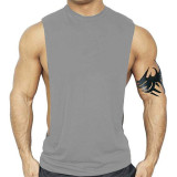 Men's Fitness T-shirt Sports Camisole Deep Cut Tank Top Summer European Cotton Solid Round Neck T-shirt