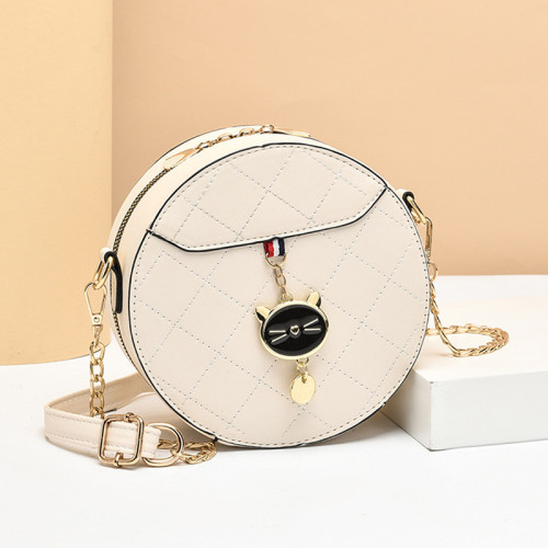 Summer Fashion Cat Small Round Bag Korean Lingge Embroidery Single Shoulder Chain Bag