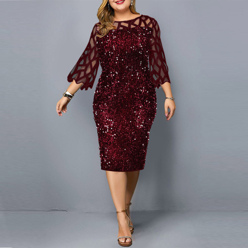 Spring and Autumn Popular Personalized Sequin Design Large Women's Dress 10 Colors 8 Sizes