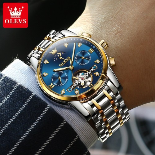 OLEVS Brand Fully Automatic Mechanical Watch Lunar Phase Hollow Out Mechanical Men's Watch
