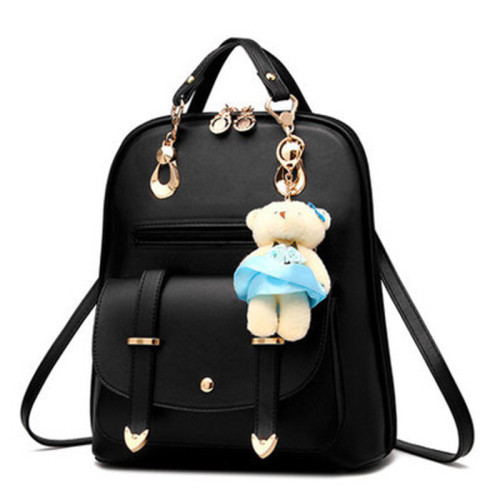 Korean Fashion Women's PU Backpack Student Leisure Backpack Hanging Bear Bag