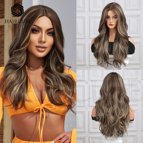 Haircube Medium Brown Highlight Dyed Large Wavy Long Curly Wig For Women Wigs