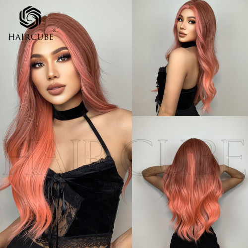 HAIRCUBE Mid Split Orange Pink Long Curly 24inch Women's Wig Set Wigs