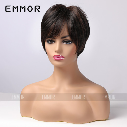 Emmor Amazon Short Hair Women's Wig Black Wig Highlighted Brown Fluffy Wig