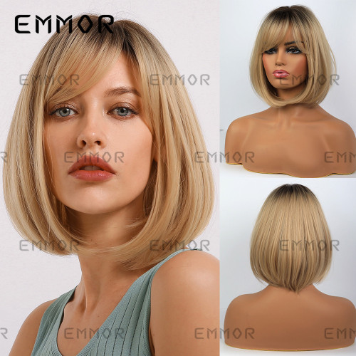 Emmor Wig Women's Bang Bob Head Amazon Gradient Gold Fiber Wig Headcover