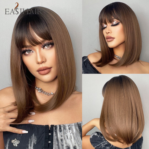 Natural Gradient Black Brown Shoulder Length Short Straight Wig Synthetic Fiber Full Head Cover