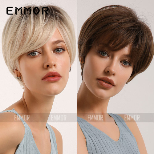 Women's Emmor Amazon Wig Black Gradient Gold Straight Short Hair Synthetic Fiber