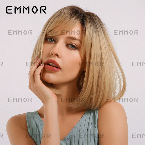 Emmor Wig Women's Bang Bob Head Amazon Gradient Gold Fiber Wig Headcover