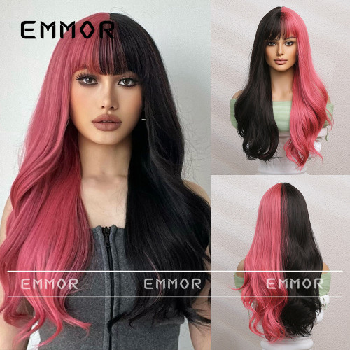 Cosplay Wig Female Black Pink Dual Color Long Curly Wig