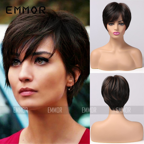 Emmor Amazon Short Hair Women's Wig Black Wig Highlighted Brown Fluffy Wig
