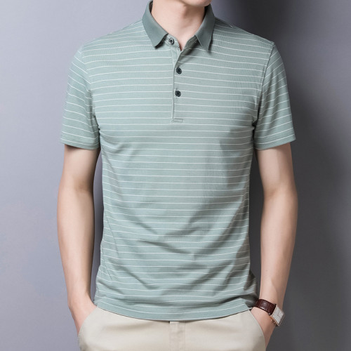 Summer Lapel Short Sleeve T-shirt Middle Aged Men's Cotton Stripe Polo Shirt Business Casual T-shirt