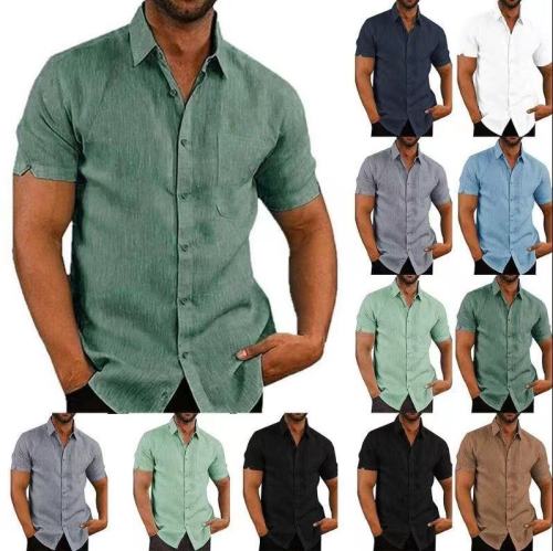 Summer Polo Collar Solid Short Sleeve Button Men's Linen Shirt
