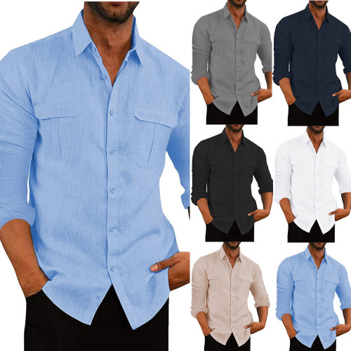 Men's Shirt Double Pocket Long Sleeved Shirt Casual Vacation Shirt