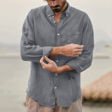 Solid Casual Lapel Cardigan Cotton Linen Loose Fitting Retro Men's Shirt