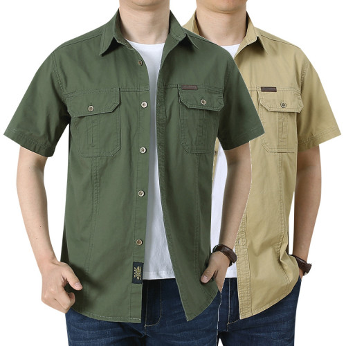 Summer Military Short Sleeved Shirt, Pure Cotton, Men's Casual Oversized Work Shirt Loose Top