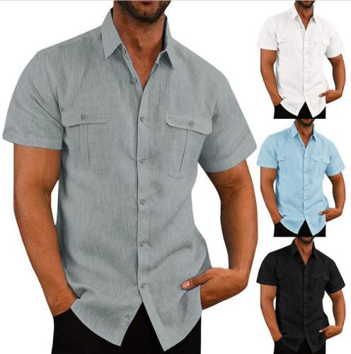 Men's Shirt Double Pocket Cotton Linen Short Sleeved Shirt Casual Vacation Shirt