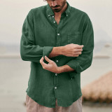 Solid Casual Lapel Cardigan Cotton Linen Loose Fitting Retro Men's Shirt