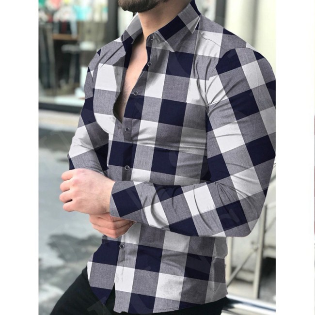 Amazon Lapel 3d Printed Casual Slim Fitting Long Sleeved Plaid Digital Printed Shirt