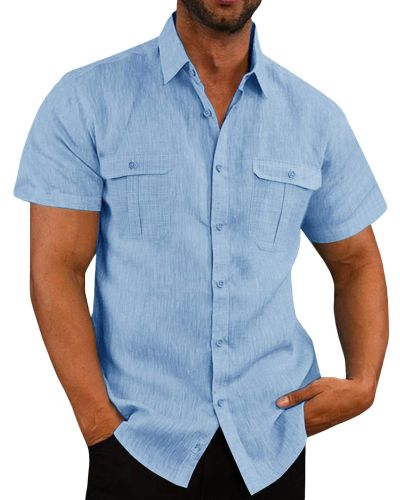 Men's Shirt Double Pocket Cotton Linen Short Sleeved Shirt Casual Vacation Shirt