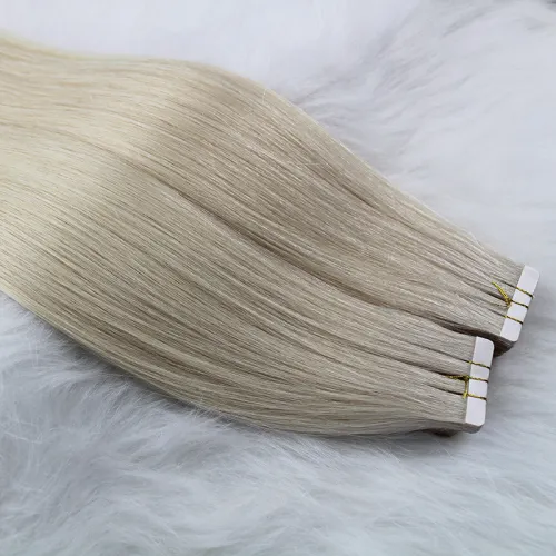 Ice White Real Human Hair Reusable Tape Russian Virgin Hair Extensions With Cuticle Intact