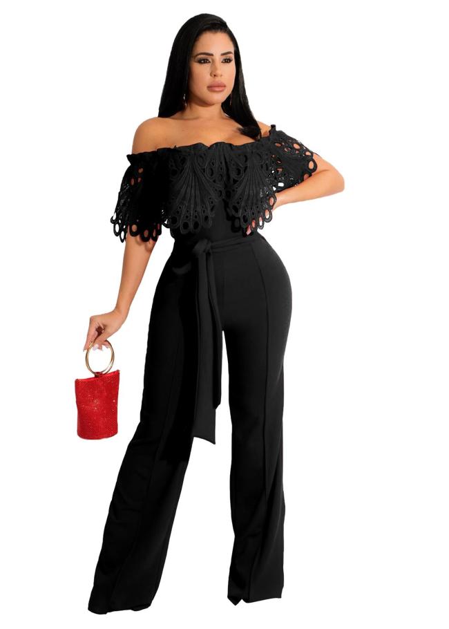 Off-Shoulder Hollow out Lace Ruffles Jumpsuit