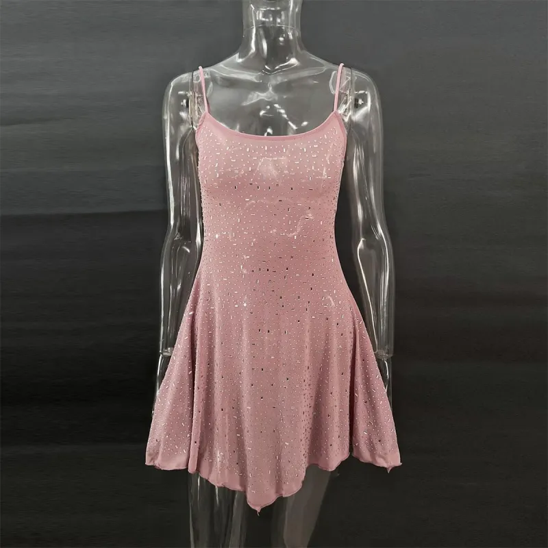 Pink Sheer Embellished Scoop Neck Mini Dress