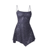 Blue Sheer Embellished Scoop Neck Mini Dress