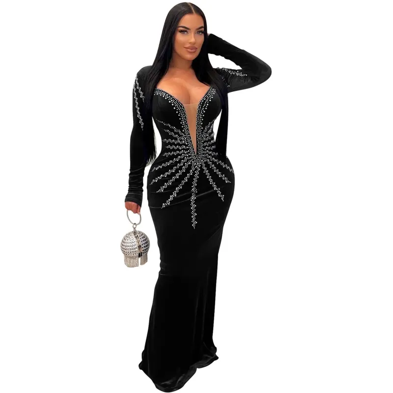Black Diamonds Velvet Long Sleeve Women Prom Long Dress