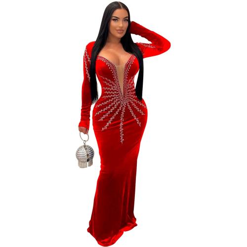 Red Diamonds Velvet Long Sleeve Women Prom Long Dress