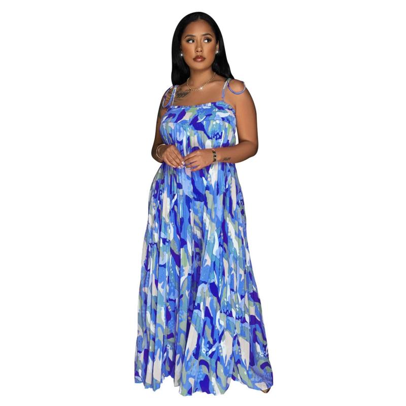 Blue Casual Printed Pleated Wide Leg Jumpsuits