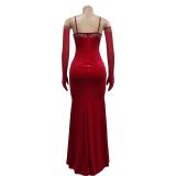 Red Straps Mesh Low Cut Velvet Diamonds Evening Long Dress