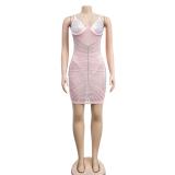 Pink Straps Mesh Bra Underwire Diamonds Bodycon Mini Dress