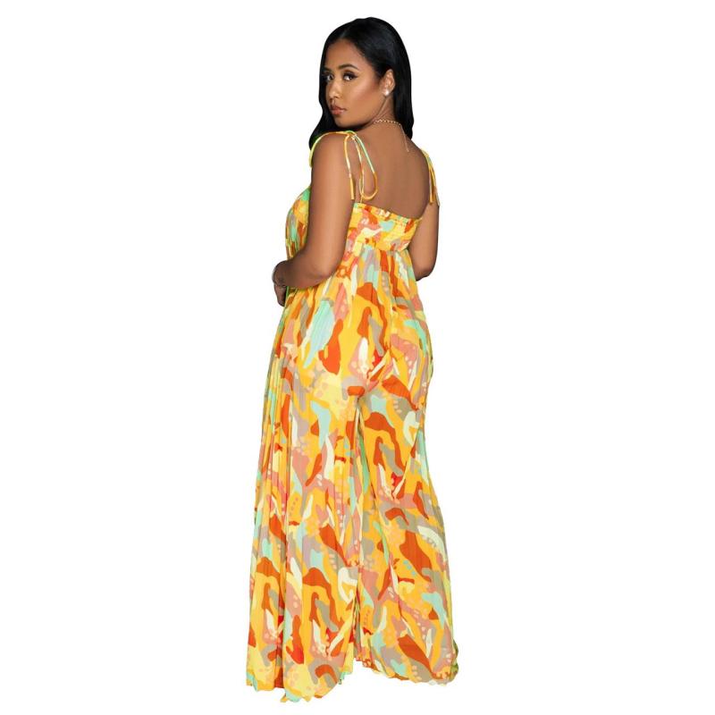 Yellow Casual Printed Pleated Wide Leg Jumpsuits