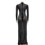 Black Rhinestones 2 Pieces Mesh Luxury Long Dress