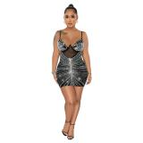 Black Straps Mesh Bra Underwire Diamonds Bodycon Mini Dress