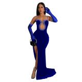 Blue Straps Mesh Low Cut Velvet Diamonds Evening Long Dress